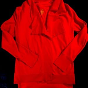 Red-orange sweatshirt wrap and matching t-shirt